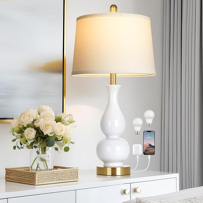 CINSARY 27" Double Gourd Ceramic Lamp Single, Modern White Bedside Table Lamps with USB A+C Ports, Classic Bedroom Lamp for Nightstand, Chinoiserie Lamps for Living Room Side End Table Desk Home Decor