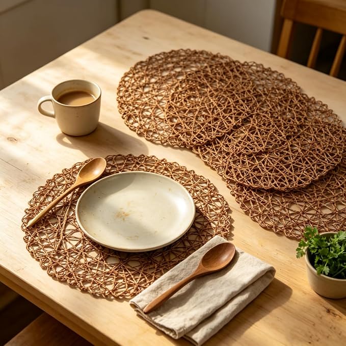 IcosaMro Brown Round Placemats Set of 12 for Dining Table, 13 Inches Paper Woven Boho Small Decorative Circle Place Mat for Wedding Christmas Thanksgiving Day Holiday Dinner, Light Coffee Brown