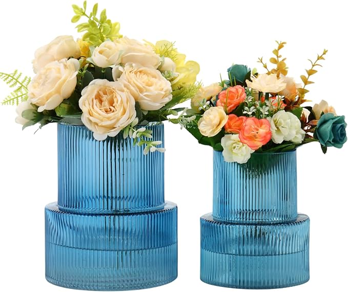 Ribbed Glass Vases for Bouquet, Set of 2 Blue Vases for Flowers, Blue Glass Vase for Tulips, Modern Vase for Living Room, Office, Coffe Table, Dining Table, Shelf, Wedding
