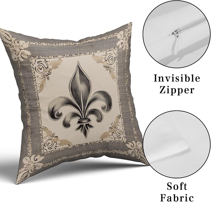 Giwawa Mardi Gras Throw Pillow Covers 16x16 Inches Vintage Country Style Fleur de Lis Print Decorative Pillow Cases Set of 2 Retro Soft Cotton Cushion Covers for Sofa Couch Bedding Holiday Decor