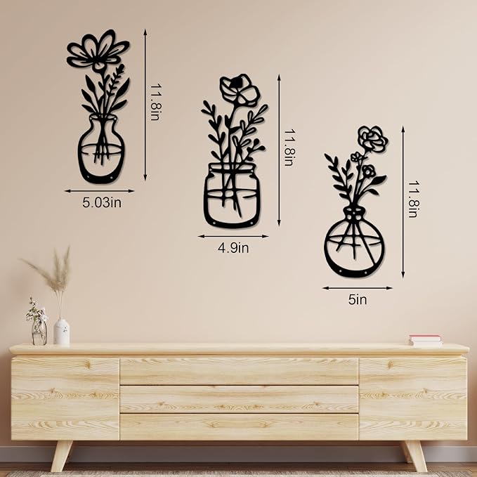 Lufstd Flower Wall Decor, 3 Piece Metal Flower Wall Art, Metal Flowers Wall Decor for Living Room, Bedroom, Dining Room, Bathroom, Kitchen (Matte Black