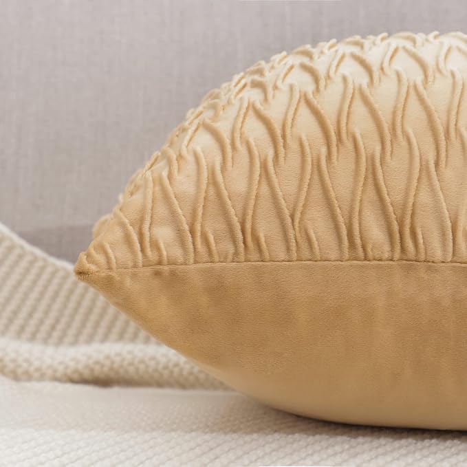 MADIZZ Set of 2 Super Soft Velvet Decorative Throw Pillow Covers 14x14 inch Khaki Square with Texture Luxury Style Cushion Case Pillow Shell for Sofa Bedroom