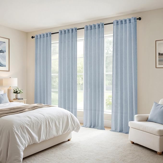 MIULEE Blue Back Tab Linen Curtains 4 Panels 42W x 84L | Linen material, light filtering, rod pocket back tab hanging, farmhouse decor for living room bedroom