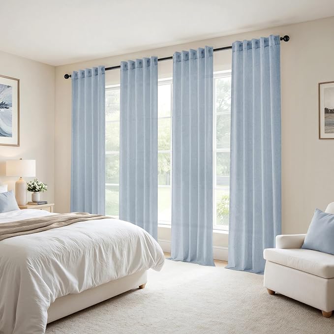 MIULEE Blue Back Tab Linen Curtains 4 Panels 42W x 108L | Linen material, light filtering, rod pocket back tab hanging, farmhouse decor for living room bedroom