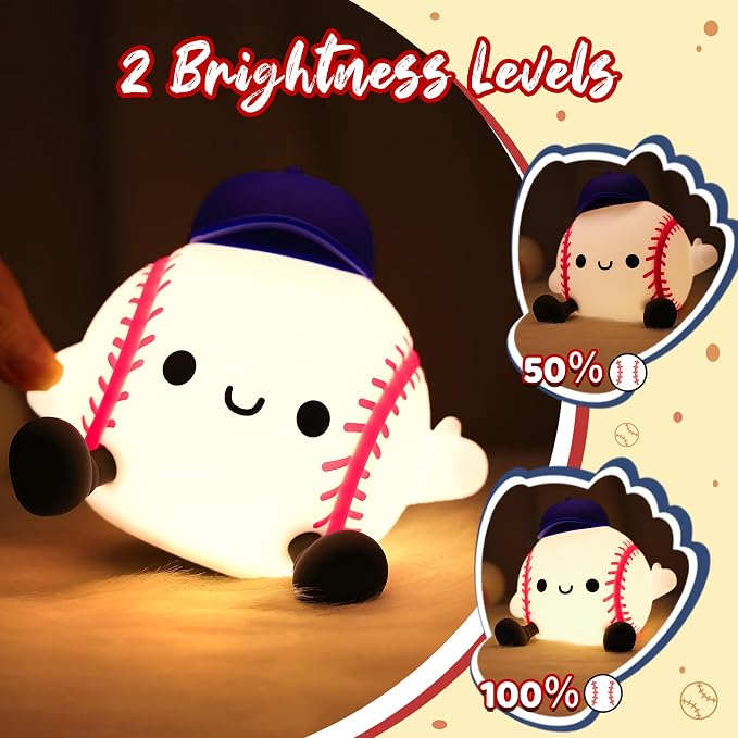 Attivolife Baseball Night Light, Baseball Gifts for Boys, Soft Silicone Nursery Bedroom Bedside Decor Dimmable Rechargeable LED Touch Lamp, Baby Kid Teen Sport Lover Athlete Christmas Birthday Gifts