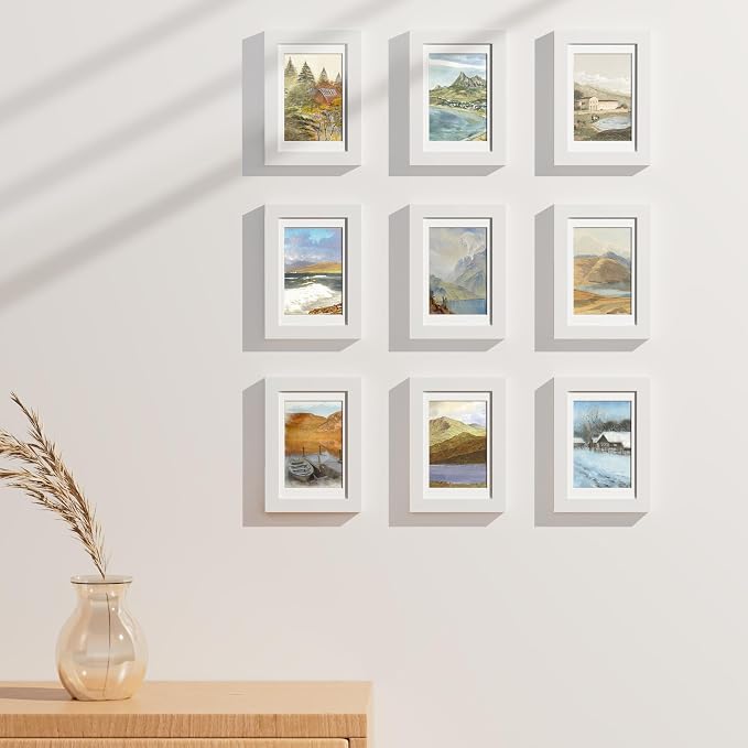 Vittanly 4x6 Picture Frames Set of 9 for Wall or Tabletop Display, White | Display Pictures 3.5x5 with Mat or 4x6 without Mat, Small Photo Frames, Engineered Wood with Shatter Resistant Plexiglass