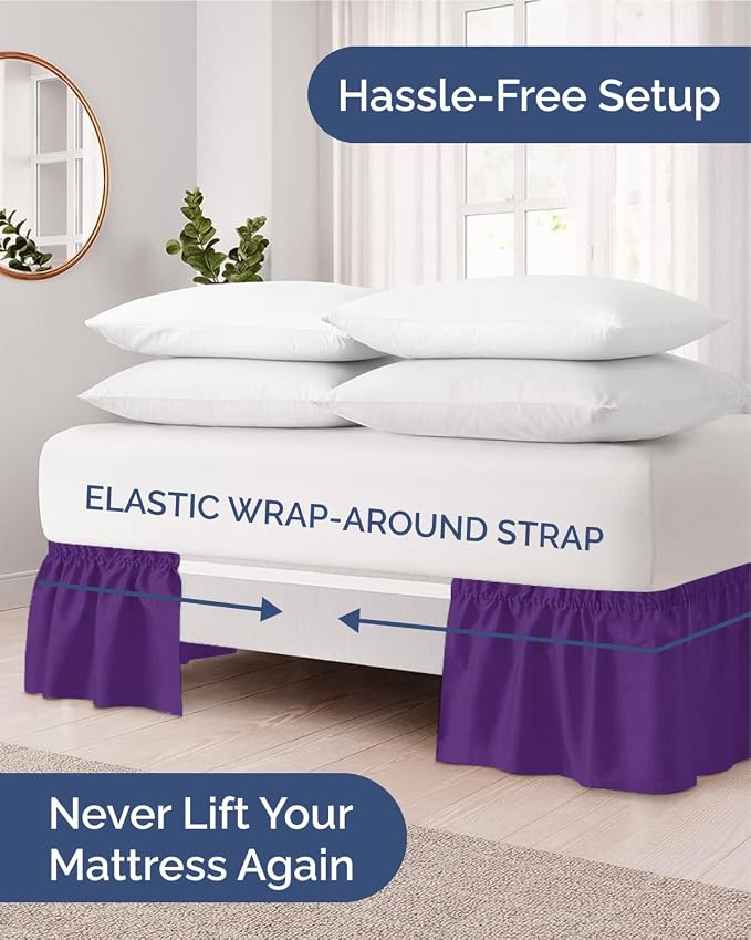 Wrap Around Dust Ruffle Bed Skirt, Queen Size Beds - 18 Inch Drop, Purple | Easy Fit Elastic Strap, Adjustable Pleated Bedskirt w/Brushed Fabric, Wrinkle & Fade Free, for Women, Men, Kids & Teens