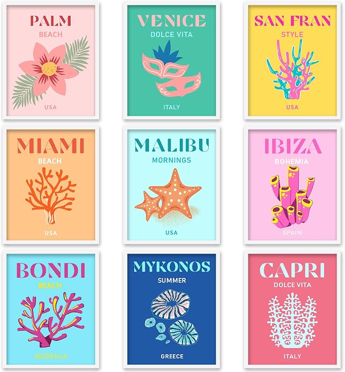 Whaline 9Pcs Preppy Room Decor Aesthetic Travel Wall Art Prints Colorful Abstract Wall Decor Cute Coconut Girl Poster for Clean Girls Teen Bedroom Pink College Dorm Posters(UNFRAMED 8x10in)