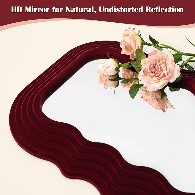 Wine Red Mirror Wall Decor for Vintage Living Room Bedroom,14x28 | Soft Flocking Touch,Decorative Mirror for Entry Porch Staircase,Retro Modern Hanging Wall Art Gift for Grandma Mom Sister