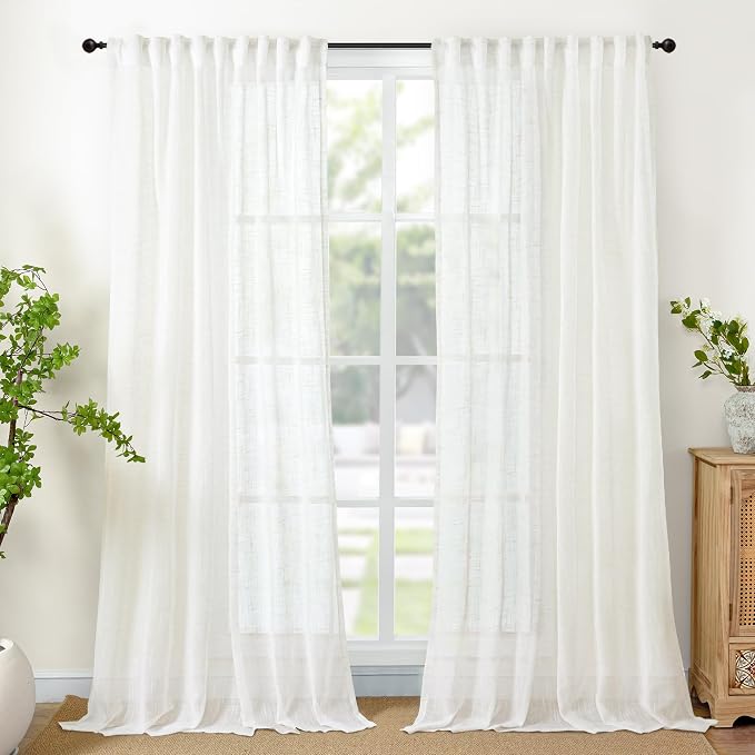 YoungsTex 84 Inch Length Linen Semi Sheer Curtains for Living Room, Light Filtering Drapes Lightweight with Rod Pocket Back Tab Textured Rustic for Bedroom, 2 Panels, 52 X 84 Inch