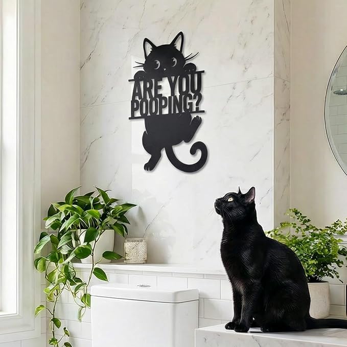 Black Cat “Are You Pooping” Bathroom Signs Wall Art,15x11 Inch Funny Metal Cat Restroom Sign Animal Bathroom Wall Art for Toilet, Cat Lover Gifts for Women Home Decor
