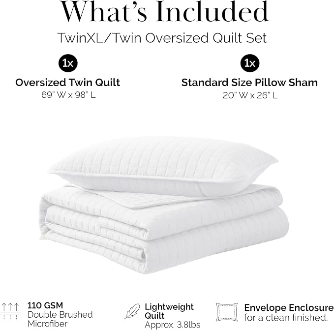 Southshore Fine Living, Inc. XL Twin Quilt Set, Microfiber Quilted Bedspread, White Bedding Twin Quilt w/Pillow Sham, Pet Hair Resistant Bedding Coverlet Set, Quilted Coverlet, Bright White Quilts