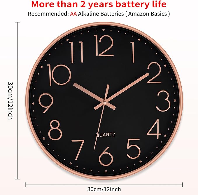 Foxtop Modern Wall Clock 12 Inch Non-Ticking Silent Battery Operated Round Quartz Rose Gold Wall Clock for Office Bedroom Living Room Kitchen Home School Decor (Black Dial)
