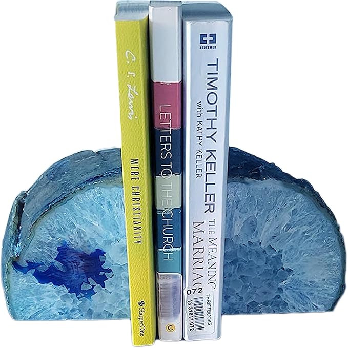 JIC Gem Blue Agate Geode Bookends Heavy Duty Hippo bookends 1 Pair 3-4Lbs | Decorative Gemstone Stoppers with Non-Skid Rubber Bumpers for Shelves Home&Office Tabletop Decor Unique Crystal Supports Gift