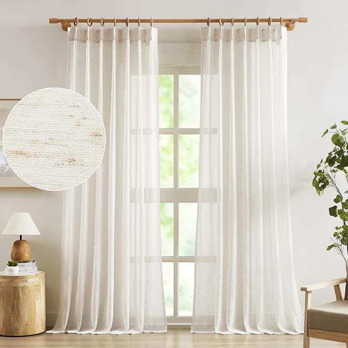 FMFUNCTEX Beige Linen Pinch Pleated Sheer Curtains, 108 Inches, 2 Panels | Natural Semi Sheer Drapes, Flax Linen, Rod Pocket, Light Filtering, Farmhouse French, Kitchen, Privacy, for Living Room