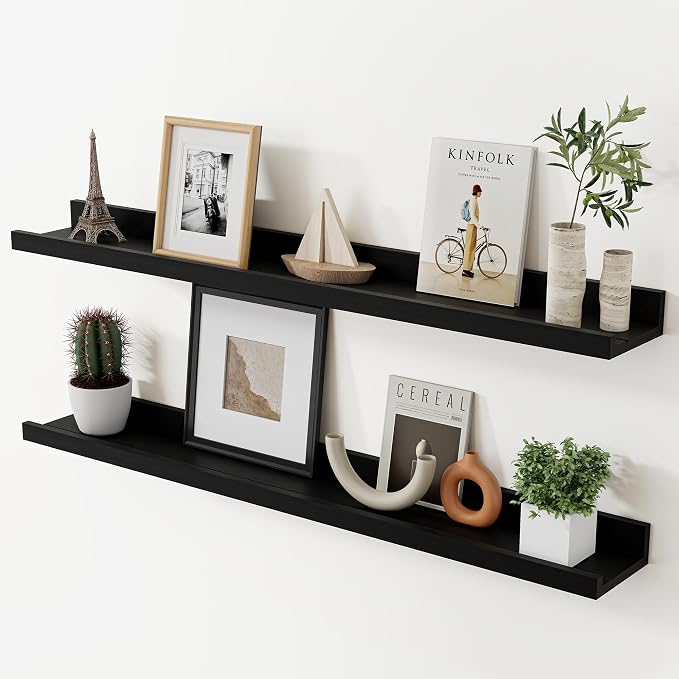 Acovy Floating Shelves for Wall, 36 inch Solid Wood Picture Ledge Shelf, Picture Shelf for Wall with Ledge, Floating Book Shelves for Living Room Bedroom Kitchen Nursery Decor, Black, Set of 2