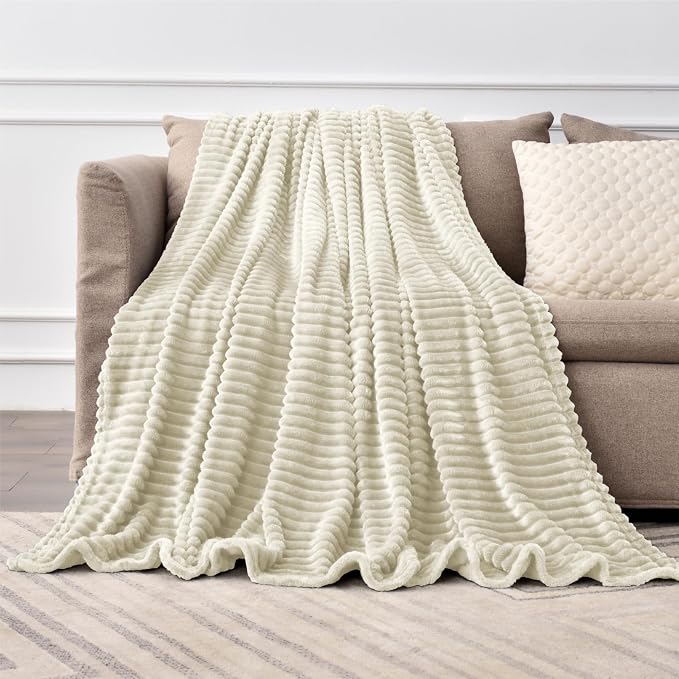 BEDELITE Ribbed Jacquard Beige Fleece Throw Blanket for Couch, 50x60 Inch | Soft Warm Decorative Fluffy Blanket, Cozy Plush Lightweight Fuzzy Throw Blanket for Bed Sofa Home Room Decor, Gift for Women