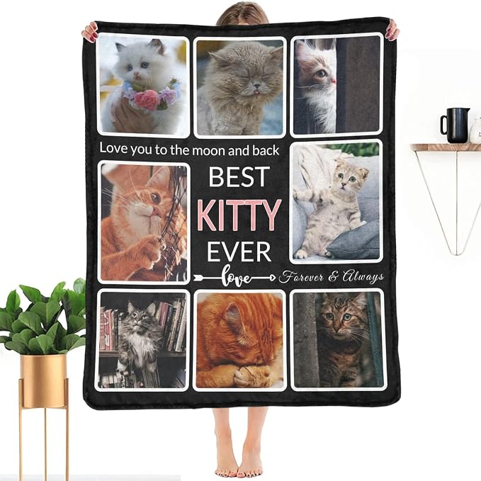 Customized Blanket with Photo, Make a Personalized Blankets with Picture Customizable Memories Souvenir Throws Blanket Gift for Best Kitty Ever, Forever & Always, 8 Collage Made in USA