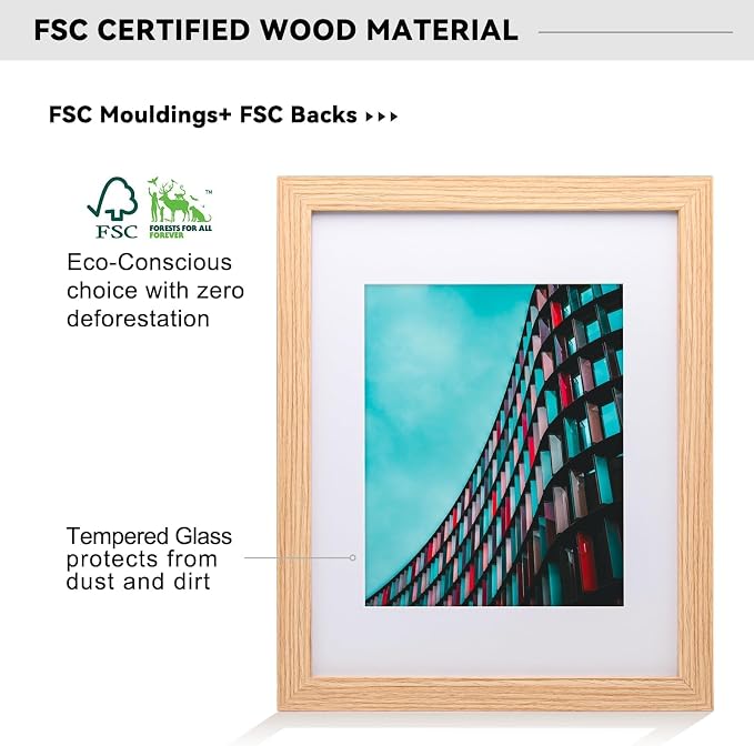 12x16 Picture Frame-Natural Oak,9x12 Mat,Tempered Glass,Engineered Wood