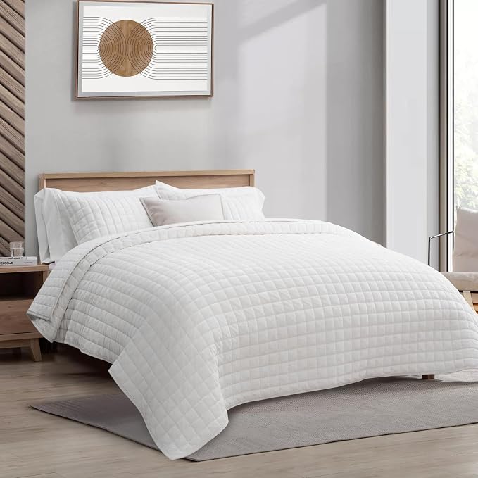 RECYCO Channel Box Stitch Velvet Quilt Set, Full Queen Size, Bright White | Ultra Soft Lightweight Velvet Comforter, Luxury Oversized Bedspread Coverlet, Quilted Bedding Set for All Season with 1 Sham