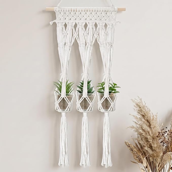 Briful Macrame Plant Hanger with 3 Glass Jars, Wall Hanging Plant Propagation Station, Boho Home Decor Hanging Planter for Indoor Plants Flowers, for Living Room Bedroom Kitchen, 13.78" x 27.56"