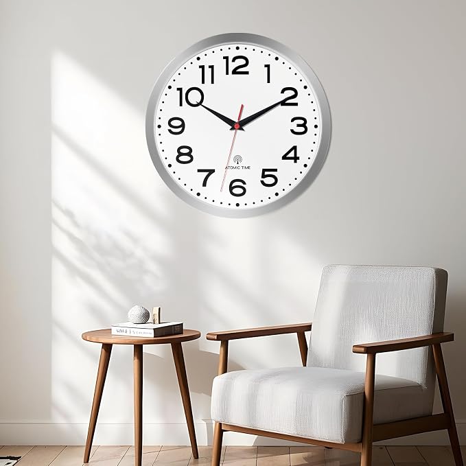 Roymnie 14 Inch Atomic Wall Clock, Battery Operated Silent Non Ticking | Silver analog wall clock; bold numerals for easy reading; silent non-ticking; 1 AA battery (not included); for classroom