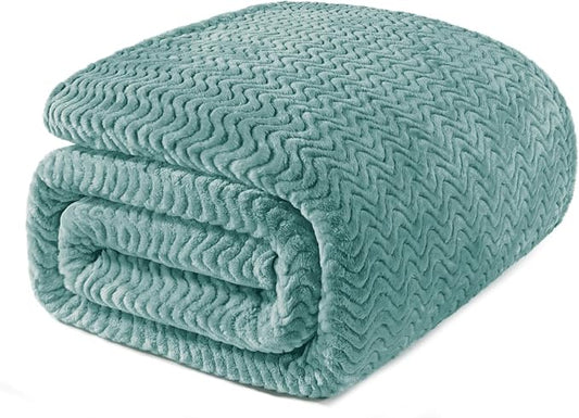 Exclusivo Mezcla Soft Fleece Blanket Twin Size for Bed, Sofa, Celadon | 90"x66" Breathable Lightweight Flannel Blanket for Summer, Plush Cozy Jacquard Wave for Home Decor