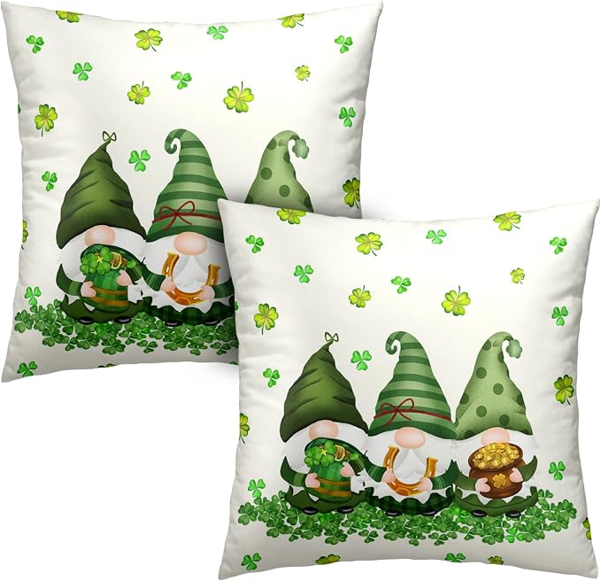 Lucky Shamrocks Gnomes Pillow Cases 20x20 Set of 2 March Holiday Throw Pillow Covers Soft Cotton Blend Cushion Case St Patricks Day Decorations for Couch Sofa Bedroom Home