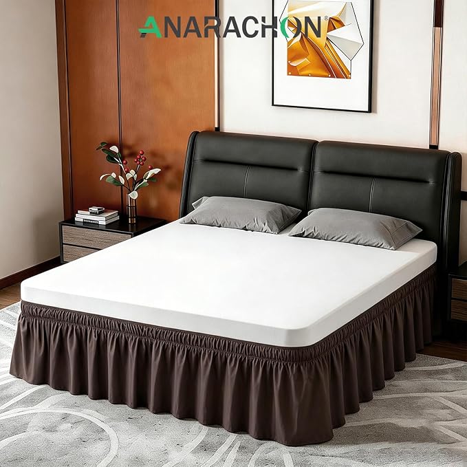 ANARACHON Full Bed Skirt, Elastic Wrap Around Bed Skirt Full Size, Bed Skirts for Adjustable Bed, Easy Fit with 14" Drop Length Tailored Drop Dust Ruffle (Brown)