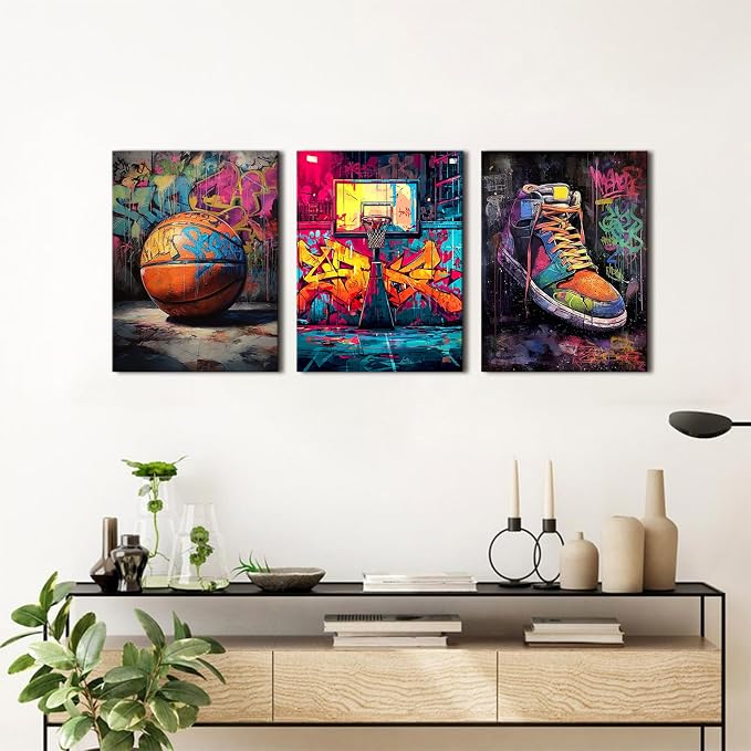 Graffiti Basketball Canvas Wall Art Vintage Basketball Court Posters for Boys Room Motivational Sports Themed Painting Prints treet Pop Art Canvas Pictures for Mens Bedroom Home Decorations 12x16" 3Pcs