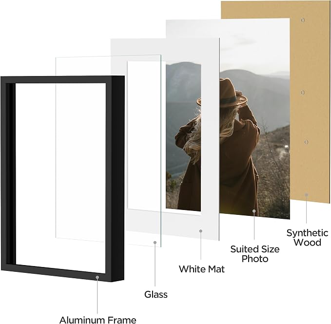eletecpro Aluminum Gallery Wall Frame Set of 10 with Glass Cover, Black | Including 2Pcs 8x10, 4Pcs 5x7, 4Pcs 4x6 Photo Frames, Multiple Sizes Picture Frames Collage Wall Decor or Tabletop Display