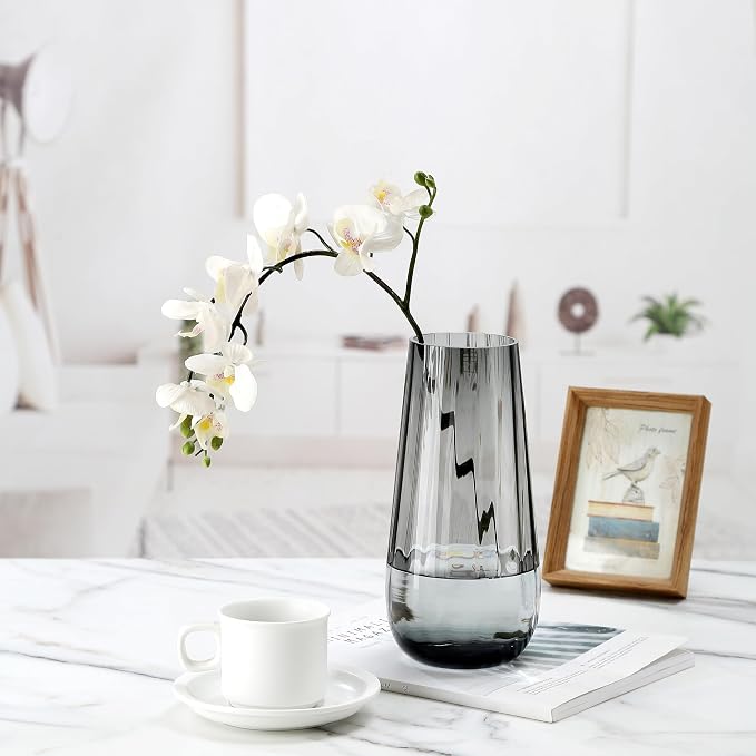 Black Grey Glass Vase Modern Flower vases for Bouquet,H-9.8" Tear Drop Design for Home Floor Decor,Farmhouse Decor, Centerpiece Office Table Decorations(Grey)