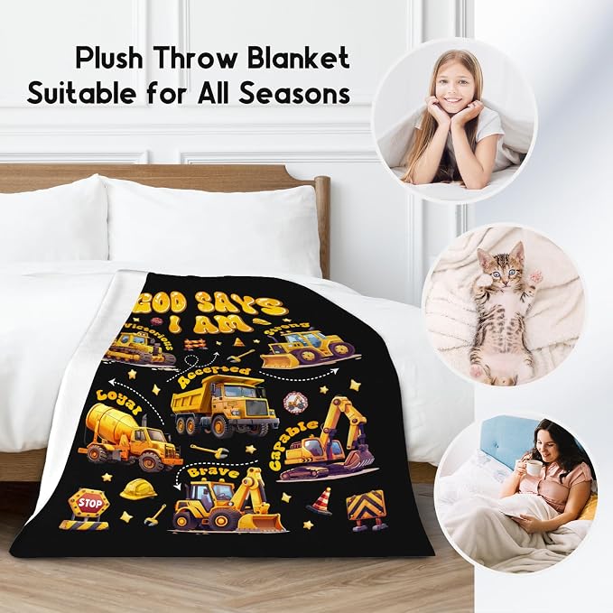 Truck Excavator Boys Throw Blanket, Car Blanket Gift for Toddler, Cozy Fleece Throw for Living Room, Bed - 60"x80"