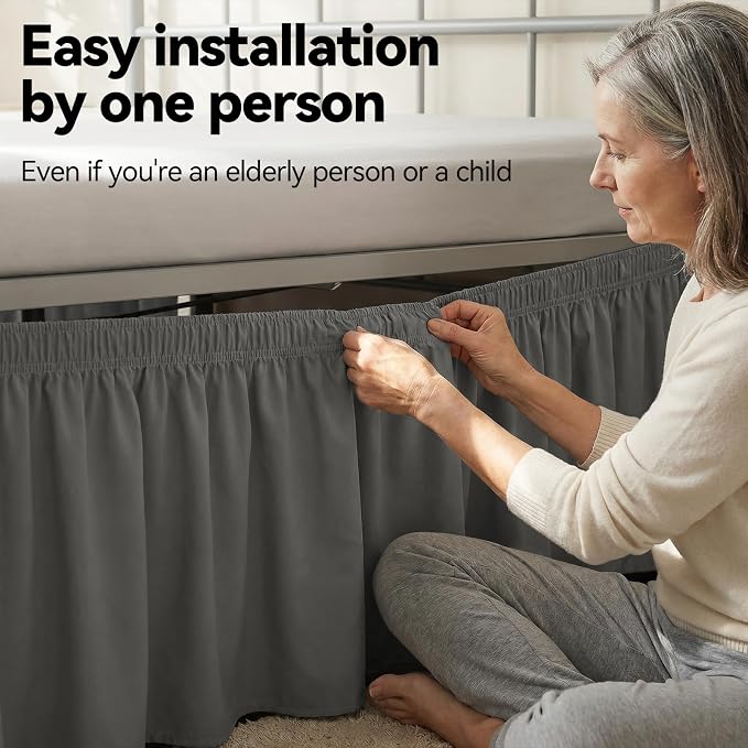 Vocander Dark Gray Queen Bed Skirt 18 Inch Drop, Elastic Wrap Dust Ruffle | Hides Underbed Storage, No Mattress Lifting, Elastic Stays Put, Soft Fabric, Machine Washable, Polished Look