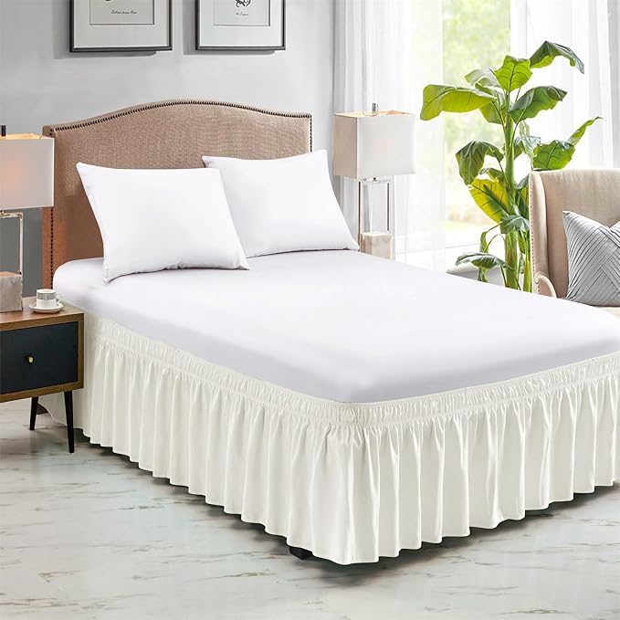 FreshCulture Elastic Wrap Around Bed Skirt - Easy Fit with 18-Inch Tailored Drop, Hotel Quality Dust Ruffle for Full Size Bed (Cream)