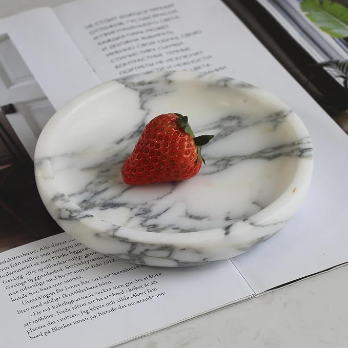 Nawgnail Natural Travertine Marble Jewelry Dish 5.5",Trinket Dish for Ring Earring, Gift for Woman Daugther(Arabescato Calacatta)