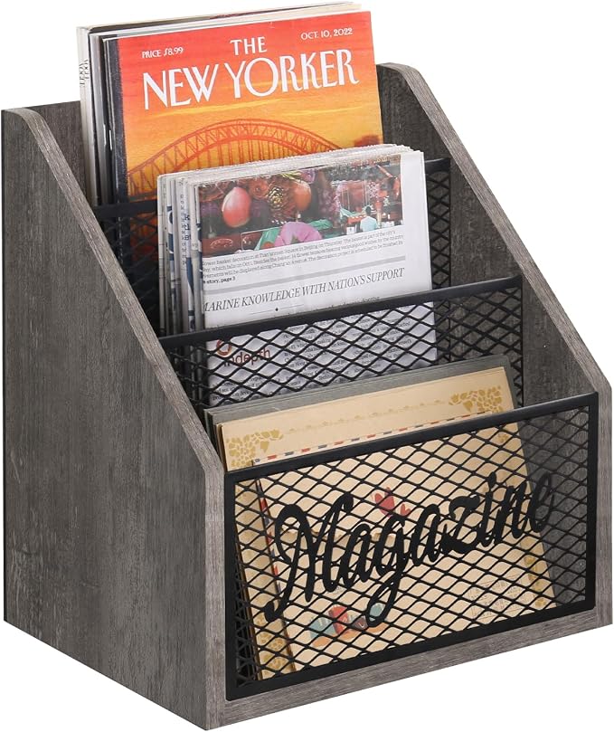 YINMIT 3 Tier Magazine Rack, Stepped Magazine Holder Floor for Home Storage | 3 Tier Stepped Design, Wood and Metal Construction, Easy Magazine Display, Book Organizer Basket for Living Room, Office