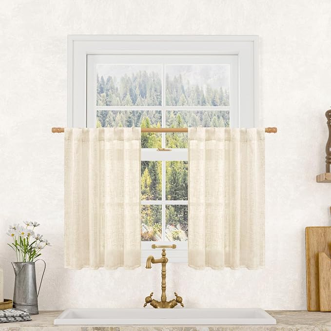 Beige Linen Kitchen Curtains 30 Inch Length for Small Windows | Semi Sheer Curtains, Light Filtering Window Panels, Drapes for Cafe, Basement, Rod Pocket Back Tab, 25 x 30 Inch, 2 Panels