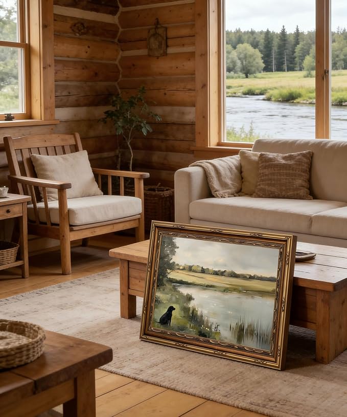 Vintage Gold Framed Wall Art Vintage Hunting Black Dog Wall Art Rustic Black Labrador Pond Landscape Wall Decor Picture Country Nature Farmhouse Animal Poster Print for Living Room Bedroom 9x11in