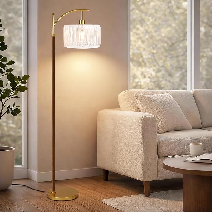 ILLMTW Arc Floor Lamp for Living Room,Bedroom,Glass Mid Century Modern Standing Lamp with Remote Dimmable,Wood Vintage Gold Tall Lamp White Lamp Shade Floor Lights Boho Bohemian Tiffany Style
