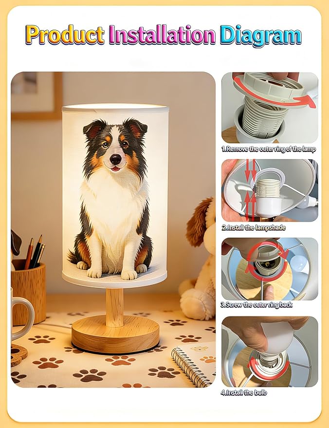 Dog Lamp, Animal Lamp 3 Colors Nightstand Light Lamp, Round Wood Base Flaxen Fabric Desk Lampfor Kids Room, Dog Night Light Gift for Kids (LED Bulb Included) (Dog)