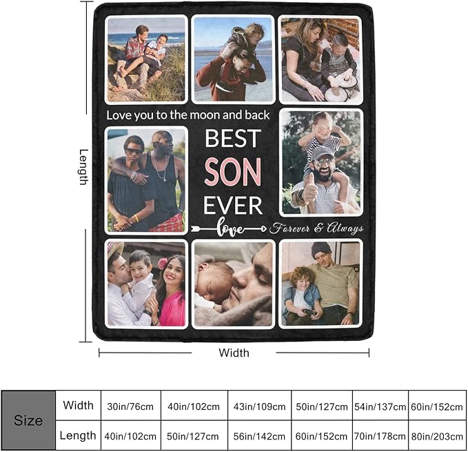 Gifts for Son Customized Blanket with Photo, Make a Personalized to My Son Blankets with Picture Custom Memories Souvenir Sublimation Throw Blanket for Best Son Ever, 8 Collage Made in USA