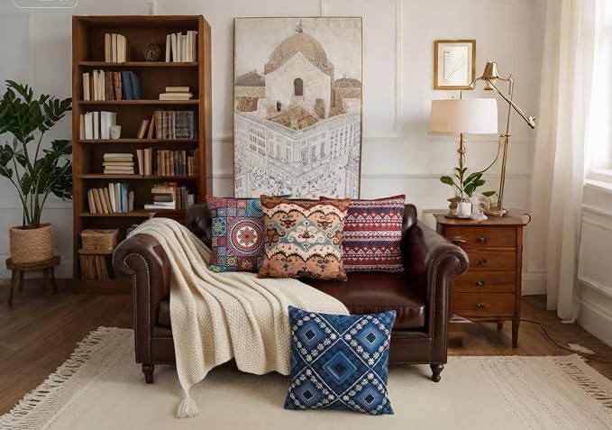 Couch Bohemian Patterned Throw Pillow Covers 20X20 Inch Set of 4 Square Farmhouse Decorative Cushion Covers Boho Vintage Pillow Cases for Sofa Living Room Bedroom Outdoor Patio Porch