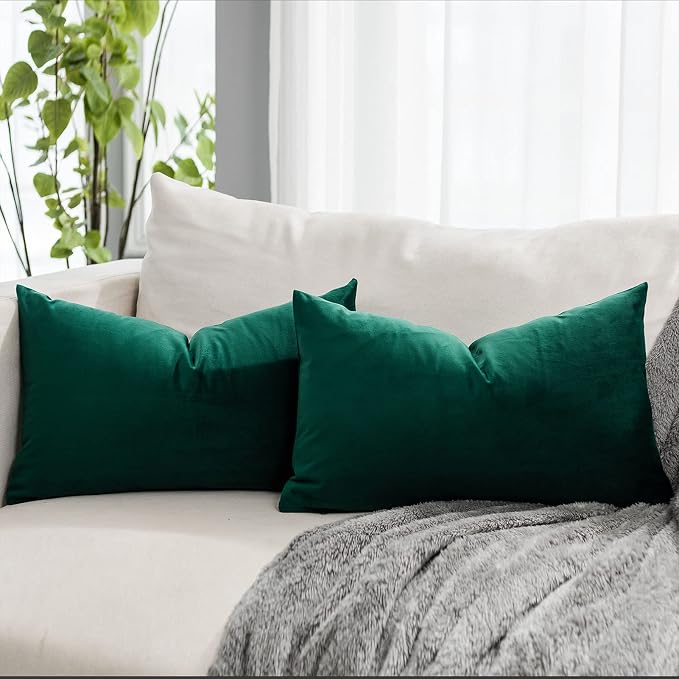 Dark Green Decorative Lumbar Velvet Throw Pillow Covers 16x24 inch Set of 2 with Zipper Luxury Soft Solid Rectangle Cushion Covers Case for Sofa Couch Bed Living Room