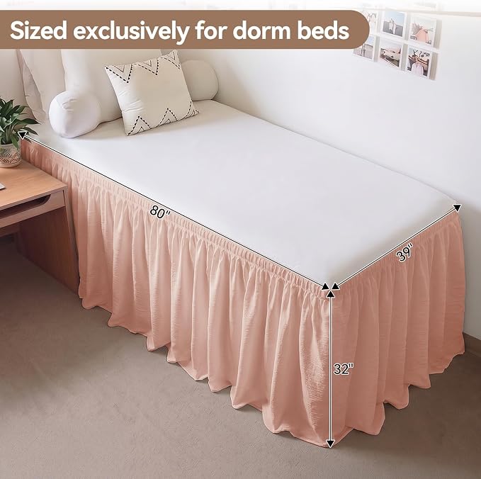 College Dorm Bed Skirt Twin XL 32 Inch Drop, Blush Pink Elastic Bedskirt | Ruffled, Wrap-around/elastic, Wrinkle-resistant, Fade-resistant, Machine Washable, Wrinkle-Free, Gift Box Packaging, Textured