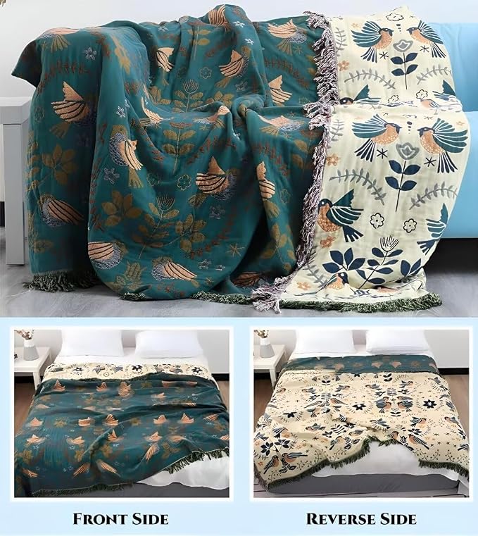 Boho Throw Blanket for Bed 100% Cotton Bohemian Blankets Ultra Soft Woven Muslin Decorative Blankets All Seasons Vintage Quilt Knitted Blanket for Sofa Chair(Blue, 60"x80")