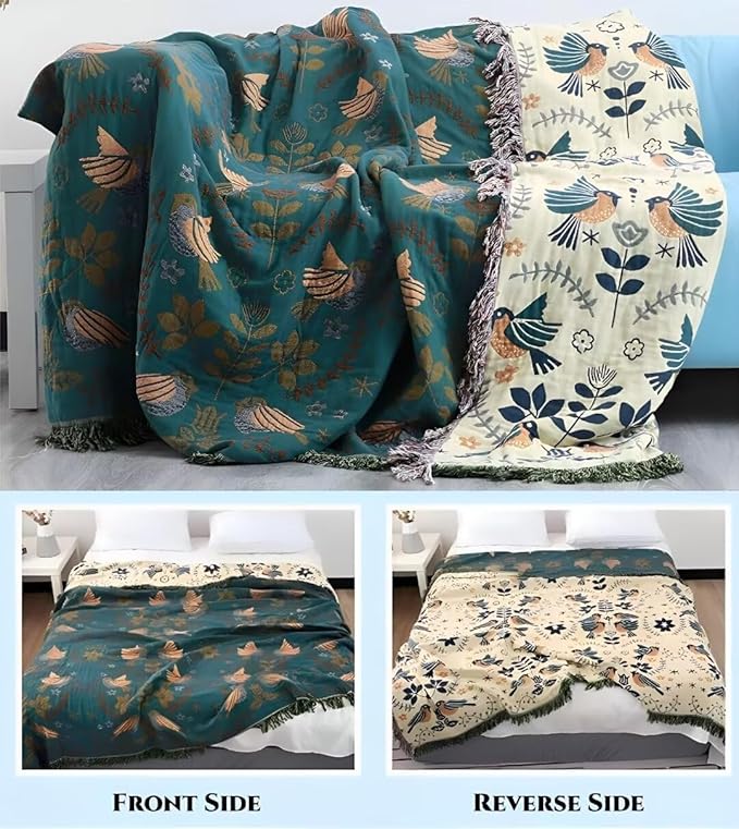 Boho Throw Blanket for Bed 100% Cotton Bohemian Blankets Ultra Soft Woven Muslin Decorative Blankets All Seasons Vintage Quilt Knitted Blanket for Sofa Chair(Blue, 50"x60")