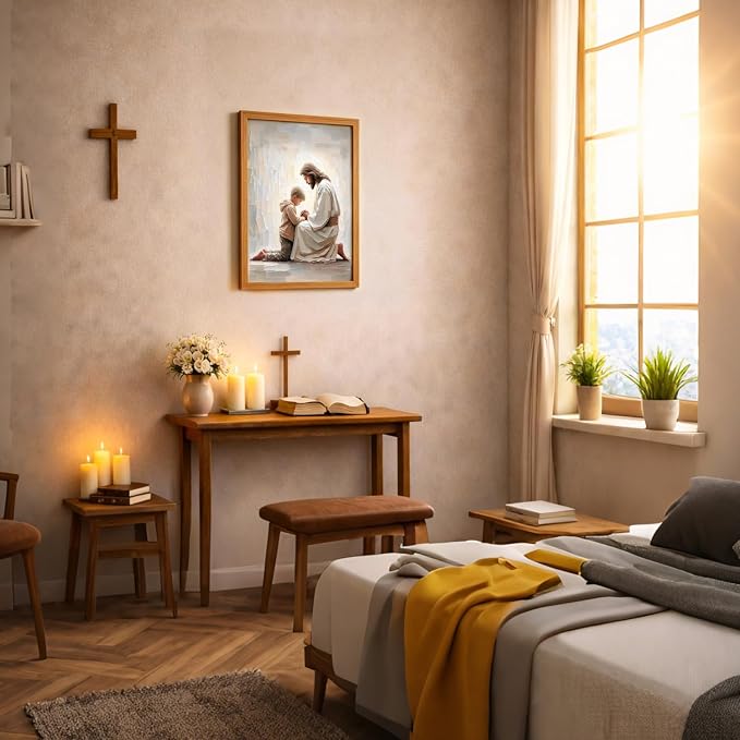 AUUAUU Jesus and Boy Praying Christian Wall Art 12x16 Inches Wooden Framed | Religious Canvas Painting Jesus Children Picture Prints Artwork Christmas Wall Decor for Living Room Bedroom Ready to Hang