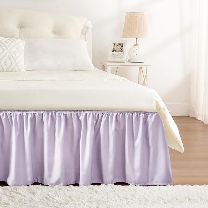 Lavender Purple Bed Skirt King 18" Drop, Elastic Wrap Around Bedskirt | Solid Ruffled, Easy to Use, No Mattress Lifting, Wrinkle & Fade Resistant, with Adhesive Strips, Machine Wash/Dry/Iron
