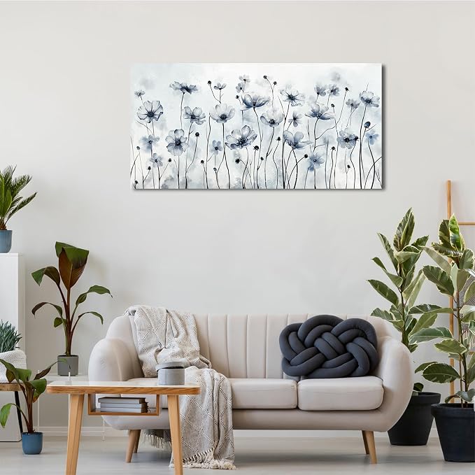 VEAEE Framed Flowers Canvas Wall Art - Indigo Floral Canvas Pictures, Living Room Wall Decor, Botanical Canvas Prints Painting Abstract Artwork Bedroom Office Home Decor 20"x 40"
